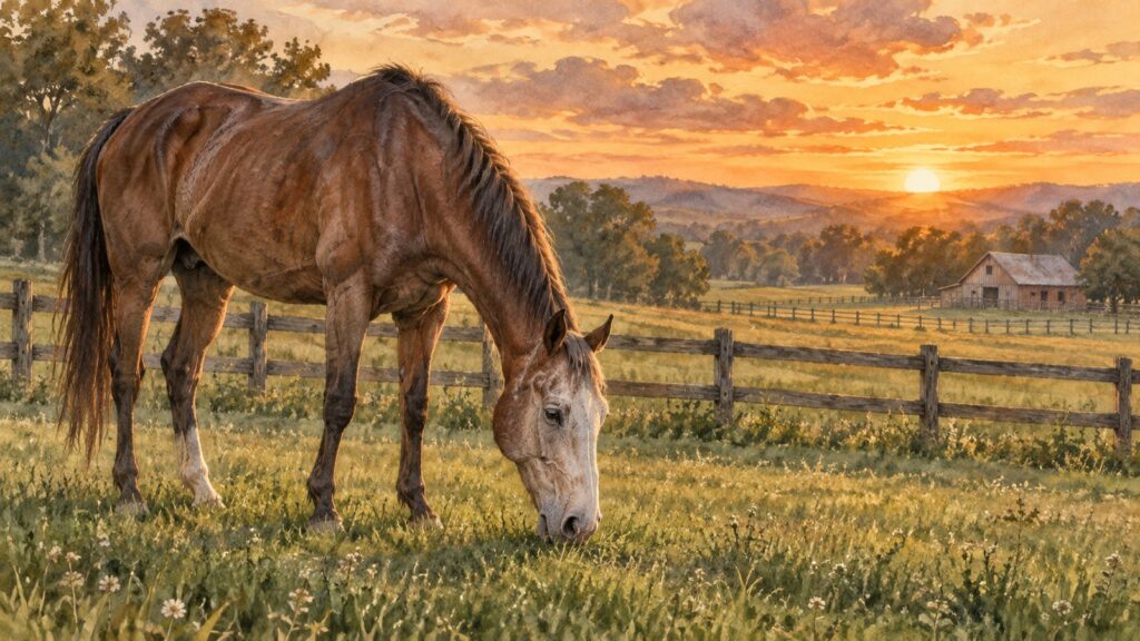 引退後の競走馬｜夕暮れの牧場