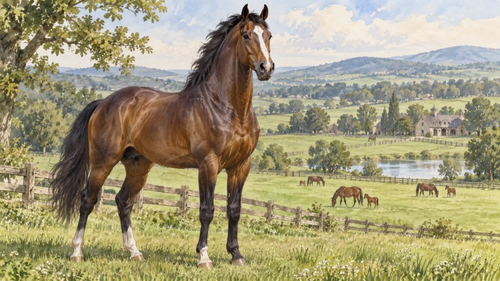 種牡馬｜牧場に立つ立派な種牡馬